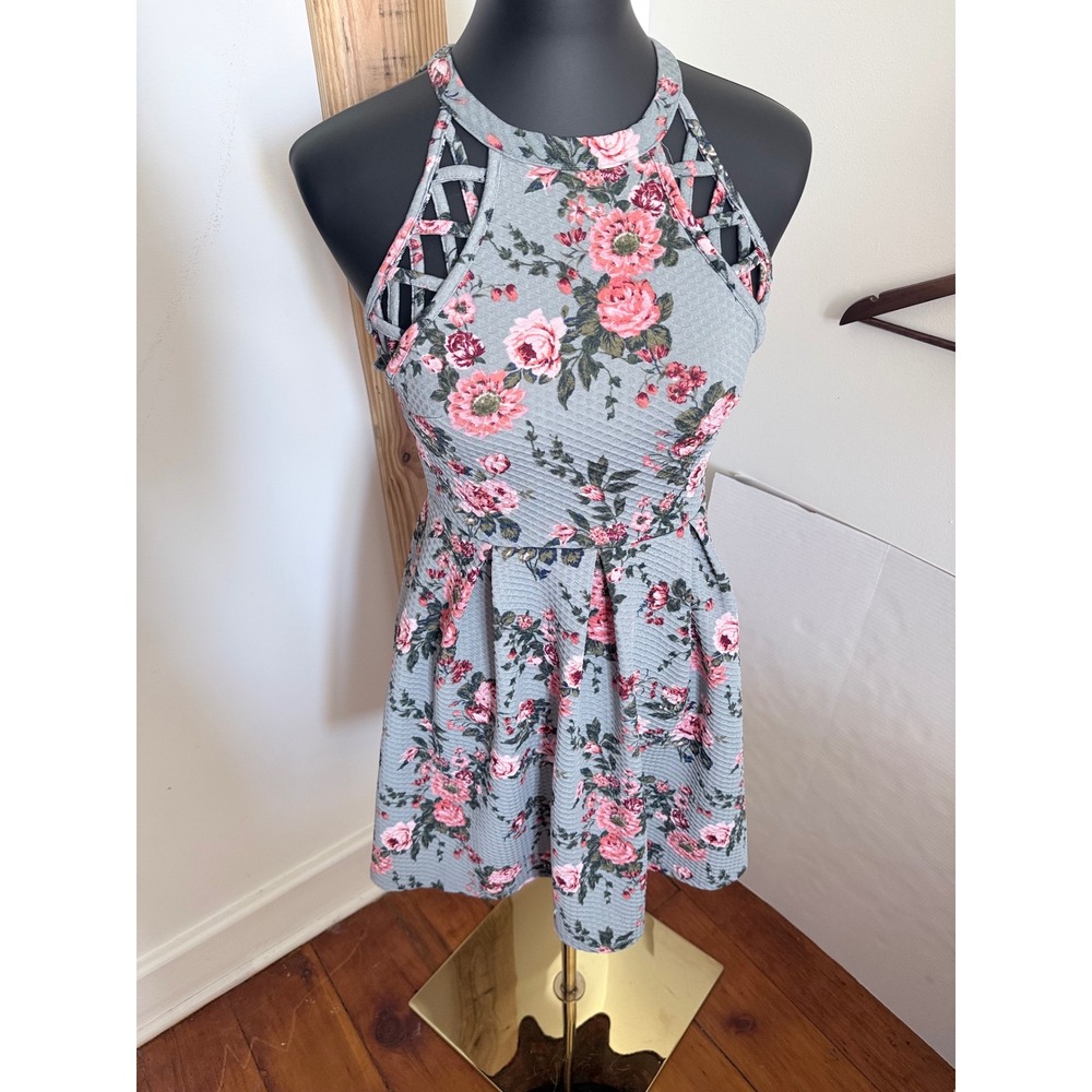 Rewind‎ Floral Halter Skater Dress XS Strappy Open Back Fit & Flare